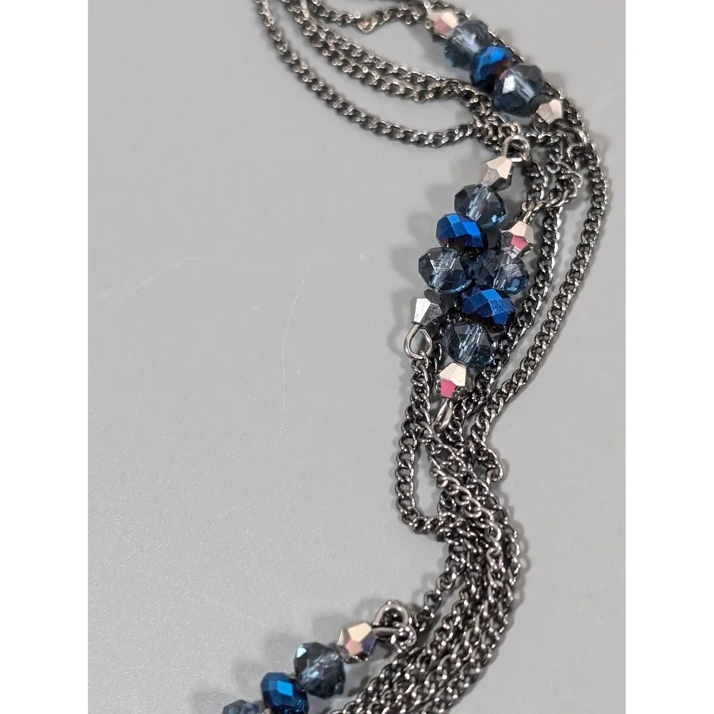 Gunmetal Multi Strand Layered Necklace Peacock Blue & Black Glass‎ Beads 33